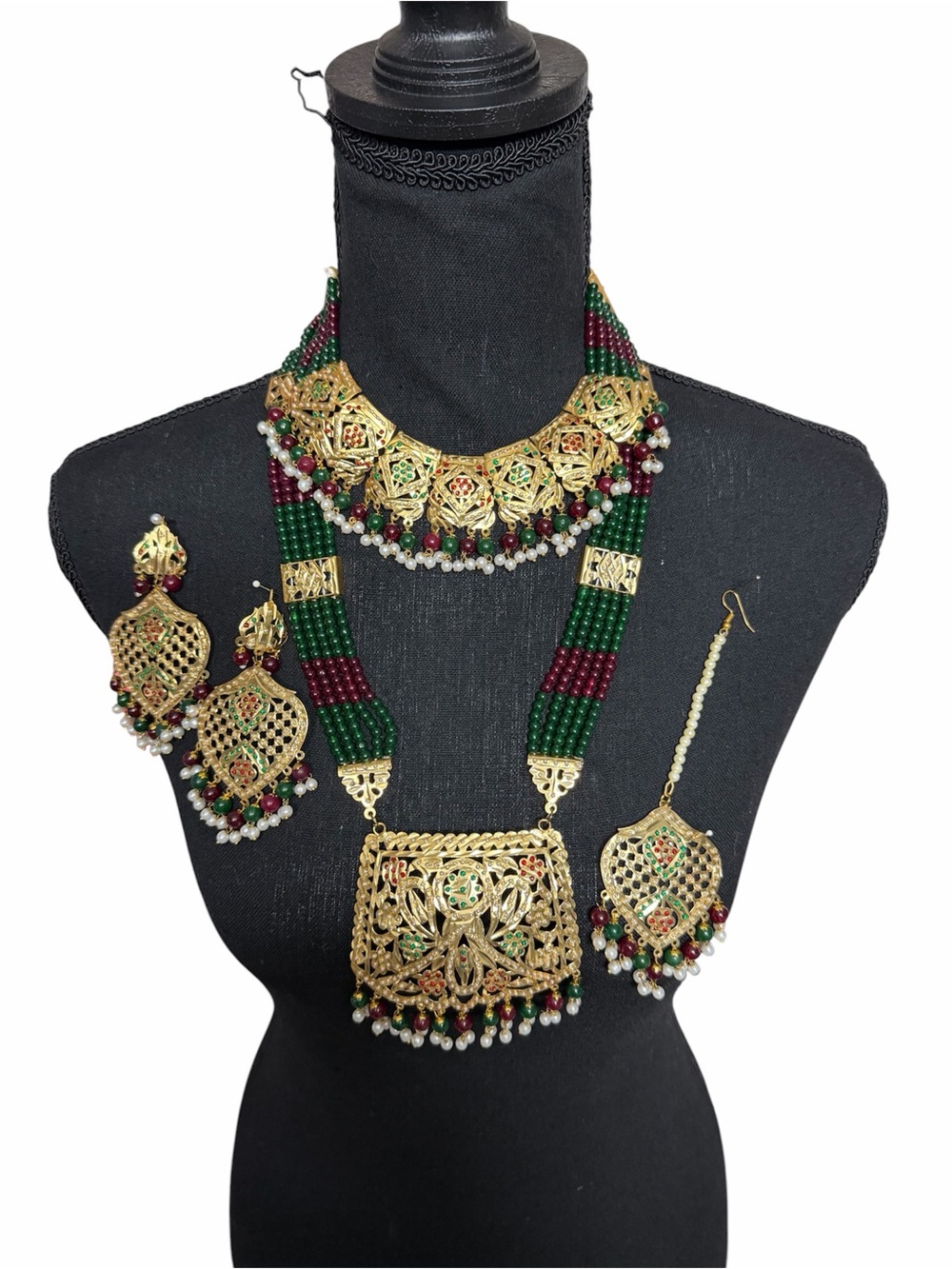 Navratan Bollywood Gold-Tone Green & Maroon Beaded Bridal Jewelry Set